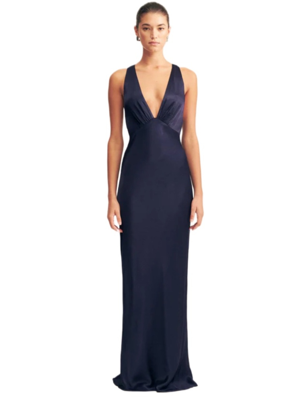Shona Joy Lune Plunged Cross Back Maxi Dress Satin Gown Midnight Navy - Size 2